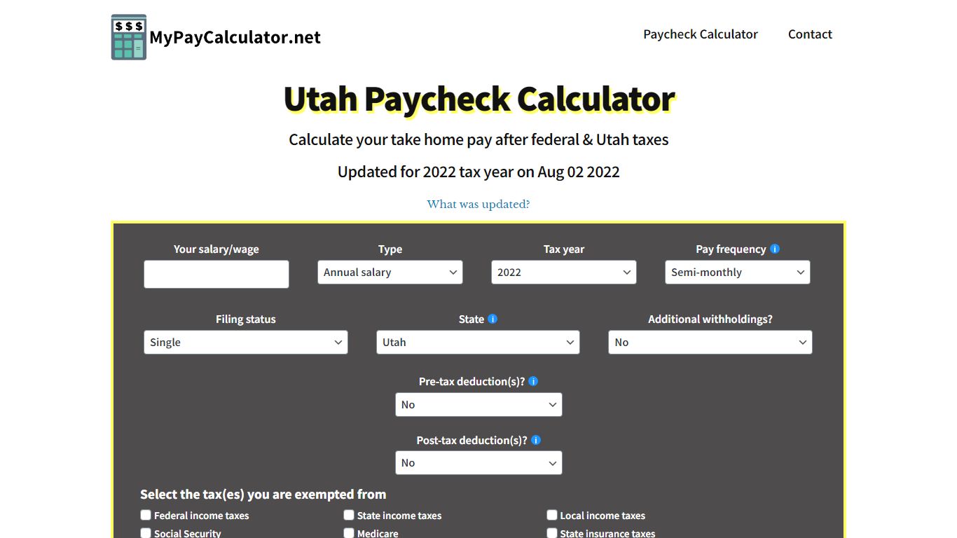 Utah Paycheck Calculator | Tax year 2022 - MyPayCalculator.net